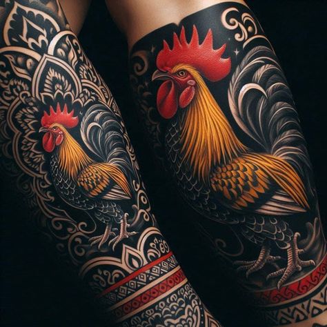 Rooster And Snake Tattoo, Rooster Leg Tattoo, 773 Tattoo, Back Full Tattoo, Rooster Tattoo Men, Roster Tattoos, Shin Tattoos For Men, Neo Traditional Sleeve Tattoo, Realism Leg Tattoo