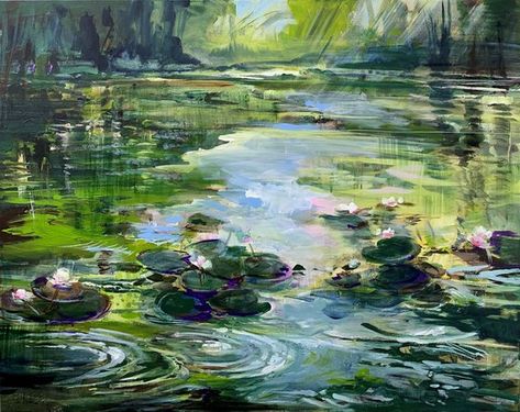 Impressionism Landscape, Daisy Chains, Pond Painting, Sky Abstract, Water Lily Pond, Painting Summer, Lake Painting, Painting Inspo, Impressionism Art