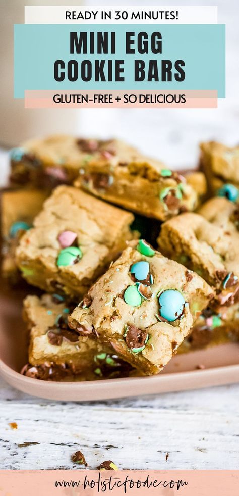 These mini egg cookie bars are easy to make with no chilling, rolling or scooping required! Made with gluten-free flour these are allergen friendly too. This easy mini egg inspired dessert is great for Easter, or swap out the mini eggs for another candy like M&M's. Mini Egg Recipes, Mini Eggs Cookies, Easter Cookie Recipes, Gluten Free Recipes For Kids, Gluten Free Easter, Easy Easter Desserts, Easy Gluten Free Desserts, Making Cookies, No Egg Cookies