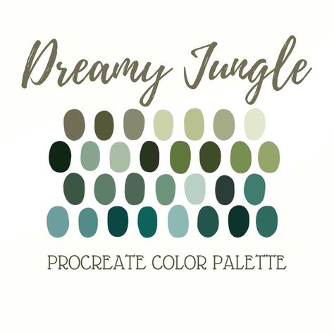 Procreate Color Palette Dreamy Jungle Digital Color | Etsy Apocalypse Reference, Jungle Library, Jungle Color Palette, Procreate Pallets, Painting Doodles, Gradient Painting, Illustration Gradient, Procreate Palette, Doodles Stickers