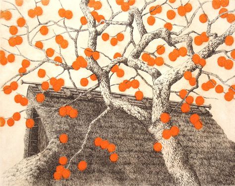 Persimmon tree - 2003 etching and aquatint by Ryohei Tanaka b.1933 Persimmon Tree Illustration, Ryohei Tanaka, Tanaka Ryohei, Persimmon Tree, Art Japonais, Japanese Painting, Sumi E, Japan Art, Japanese Prints