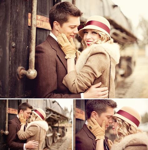 vintage-y Train Poses, 1920s Photoshoot, Vintage Overlay, Engagements Pictures, Train Photo, Vintage Engagement Photos, Water For Elephants, Knot Tying, Wedding Movies