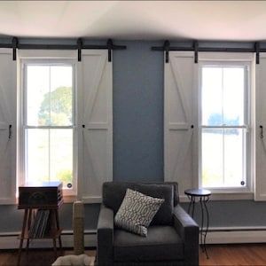 Shutters With Hardware, Wood Shutters Indoor, Window Shutters Indoor, Shutters Indoor, Barn Door Shutters, Barn Door Window, Indoor Shutters, Farmhouse Shutters, Repurposed Windows