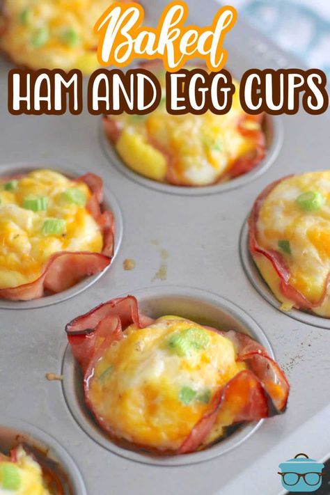 Baked Ham and Egg Cups shown fully baked in a muffin tin. Ham And Egg Cups, Ham Egg Cups, Egg Cups Recipe, Muffins Paleo, Egg Cups Breakfast, Vegan Muffins, Country Cook, The Country Cook, Breakfast Eggs