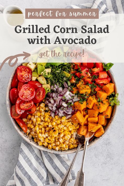 Corn Salad With Avocado, Avo Salad, Charred Corn, Grilled Corn Salad, Salad With Avocado, Summer Cookout, Red Onion Salad, Grilled Potatoes, Vegan Salad Recipes