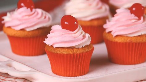 Cheerwine Cherry Cupcakes | Southern Living Cherry Chip Cupcakes, Treat Art, Cherry Frosting, Cherry Cupcakes, Maraschino Cherries, Small Food Processor, Cupcake Pan, White Cake Mixes, Cherry Juice