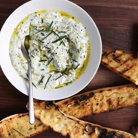 Herbed Ricotta with Grilled Bread Recipe - Justin Chapple Antipasto Recipes, Herbed Ricotta, Ricotta Dip, Ricotta Recipes, Grilled Bread, Appetizer Dips, Kitchen Recipes, Appetizers Easy, Appetizer Snacks