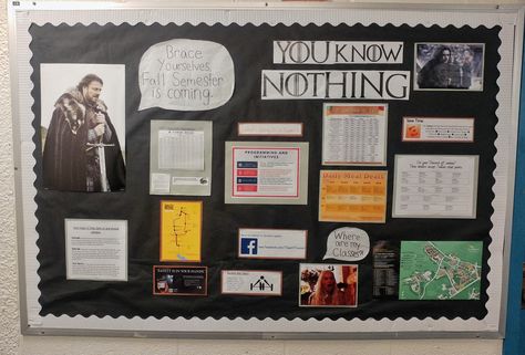 Game of Thrones bulletin board #got #gameofthrones #bulletinboard #gotbulletinboard #ra #residentassistant #gotboard Game Of Thrones Classroom Theme, Game Of Thrones Bulletin Board, Literacy Bulletin Boards, Residence Life Bulletin Boards, Ra Decorations, Res Life Bulletin Boards, College Bulletin Boards, Ra Themes, Game Of Thrones Theme