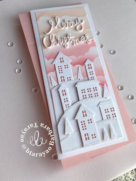 Christmas Village Card, Pink Christmas Cards, Pink Skies, Christmas Card Inspiration, Woke Up This Morning, Homemade Christmas Cards, Christmas Card Crafts, Diy Christmas Cards, Christmas Cards To Make