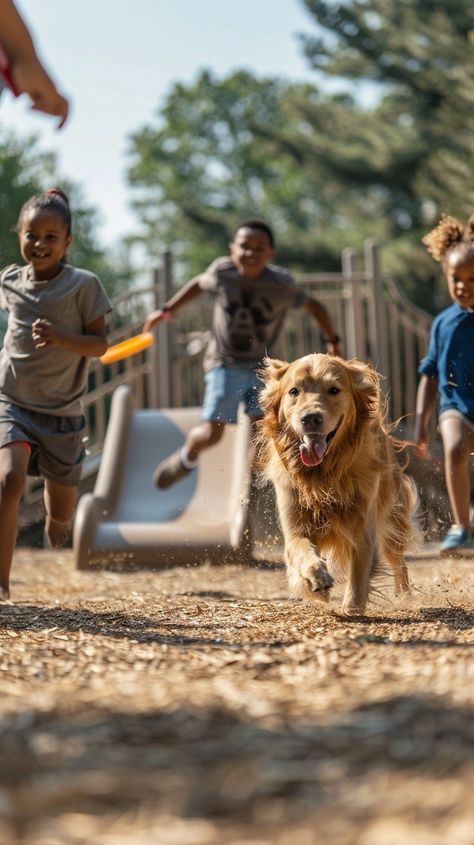 Joyful Outdoor Play: Children and a golden retriever enjoy a sunny day playing fetch at the local park. #children #dog #play #park #summer #joy #fetch #running #aiart #aiphoto #stockcake https://ayr.app/l/uzwx Play Park, A Golden Retriever, Dogs And Kids, Dog Park, Outdoor Play, Sunny Day, The Locals, Sunny Days, Golden Retriever