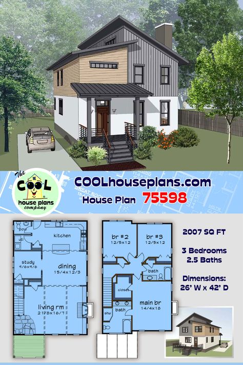 Contemporary, Modern House Plan 75598 with 3 Beds, 3 Baths Sims 4 Evergreen Harbor House, 2000sqft House Plans, House Investment, Cool House Plans, Narrow Lot House, Cool House, Narrow Lot House Plans, Sims Houses, Sims 4 House Building