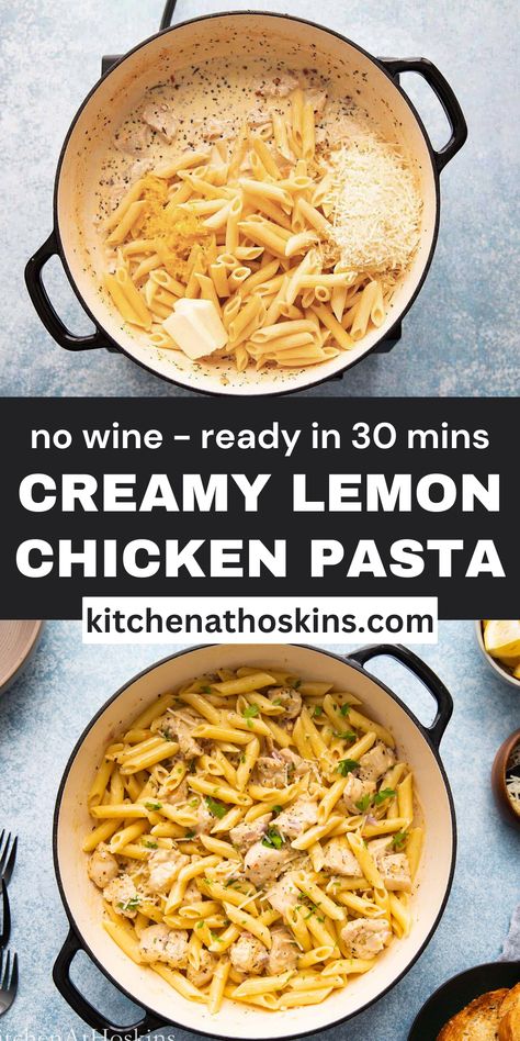 Lemon Chicken Pasta recipe is creamy, garlicky, zesty, super flavorful and is ready in under 30 minutes. It is made without wine for a family friendly meal. So so good! Lemon Shrimp Pasta, Lemon Pasta Recipes, Lemon Garlic Shrimp Pasta, Penne Pasta Recipes, Lemon Chicken Pasta, Lemon Butter Chicken, Creamy Lemon Chicken, Creamy Pasta Recipes, Creamy Chicken Pasta