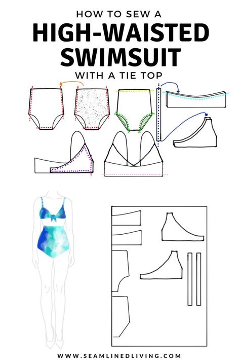 How to Sew a High-Waisted Swimsuit - DIY Bikini Pattern #swimwear #diyswim #sewingpattern Diy Swimsuit, Diy Vetement, Beginner Sewing Projects Easy, Kleidung Diy, Leftover Fabric, Ropa Diy, Swimsuits High Waisted, Sewing Projects For Beginners, Sewing Skills