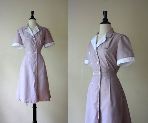 Vintage 50s Dress / Pinstripe Waitress Uniform / 1950s Shirtwaist Dress by mousevoxvintage, $36.00 Waitress Uniform Vintage, 1950s Waitress, Waitress Outfit, Waitress Uniform, 1950s Fashion Women, Blouse Nylon, Pastel Kitchen, Staff Uniforms, 1950 Fashion