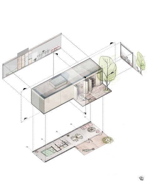 Image 13 of 17 from gallery of These Axonometric Illustrations Explore the Power of Digital Tools in Architectural Representation. Cortesía de Fernando Neyra Axonometric Drawing, Presentation Board Design, Architecture Presentation Board, Digital Sketch, Interior Design Presentation, Container Architecture, Architecture Concept Diagram, Architecture Collage, Architecture Graphics