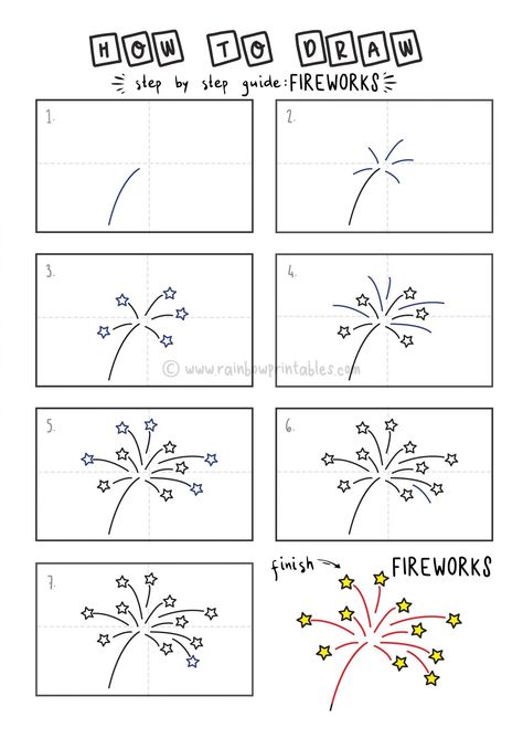 How To Draw Tutorials For Kids Fireworks YOUNG KIDS EASY DRAWINGS ART GUIDE STEP BY STEP Christmas Doodles Ideas, Fireworks For Kids, Cartoon Fireworks, New Years Drawing Ideas, New Year Doodle, Trin For Trin Tegning, How To Draw Fireworks, 2023 Bullet Journal, Firework Painting