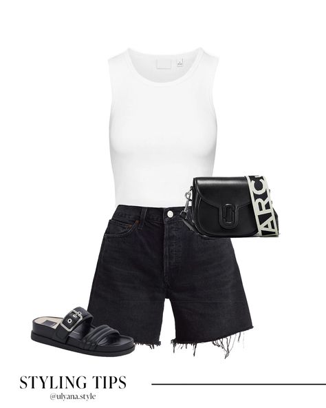 Long Black Jean Shorts Outfit, Black Shorts Outfit Summer, Outfit Inspo Summer Casual, Black Denim Shorts Outfit, Black Jean Shorts Outfit, Outfit Jean Shorts, 2023 Sandals, Summer Denim Outfits, Sandals Outfit Casual