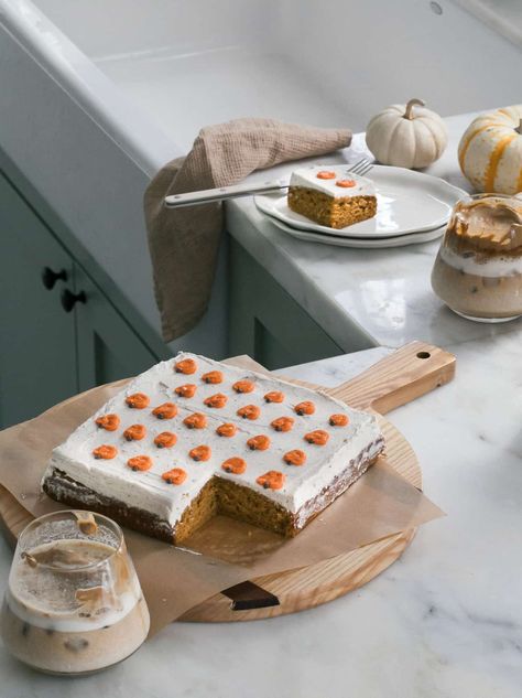 Mini Pumpkin Sheet Cake with Brown Butter Frosting - A Cozy Kitchen Cake With Brown Butter Frosting, Pumpkin Bread Mix, Brown Butter Frosting, Pumpkin Sheet Cake, Butter Cream Cheese Frosting, Fall Fun Food, Pumpkin Cinnamon Rolls, Delicious Sweets, Butter Frosting