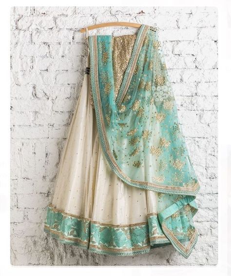 Mint, Ivory & gold lengha  #wedding #bride #bridal #lengha #saree #lenghasaree #ffashionaire #blouse #bridesmaids #gold #mint #ivory to order email us at ffashionaire@hotmail.co.uk Mint Lehenga, भारतीय दुल्हन संबंधी, Saree Color Combinations, Indian Outfits Lehenga, Indian Bridal Lehenga, Lehenga Choli Online, Red Lehenga, Patiala Salwar, Indian Lehenga