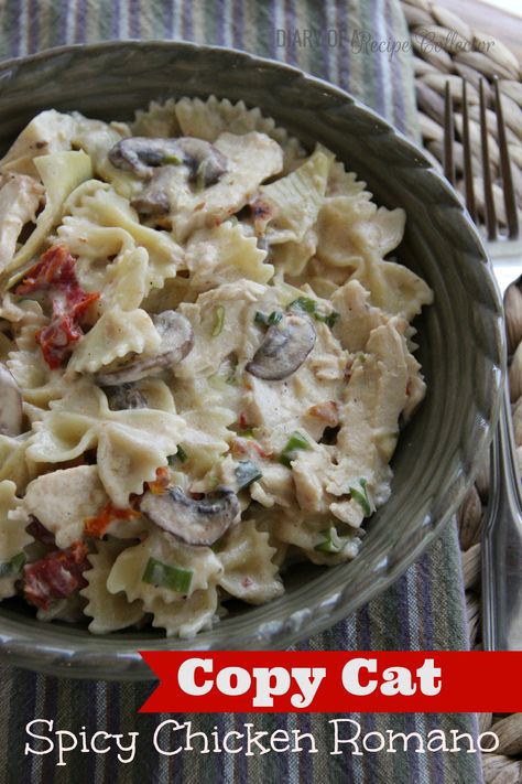 I adore the Spicy Chicken Romano at Johnny Carino's!  This recipe nails it! Creamy bow-tie pasta with smoky sun-dried tomatoes, artichoke hearts, mushrooms, and green onions all tossed with thinly ... Johnny Carinos, Chicken Romano, Romano Chicken, Spicy Chicken Pasta, Chicken Fettuccine, Chicken Entrees, Bowtie Pasta, Spicy Chicken, Restaurant Recipes