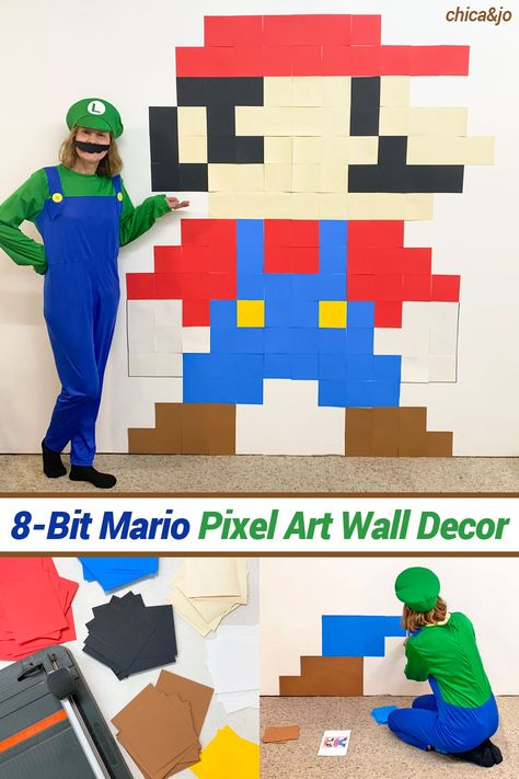 Super Mario Pixel Wall Art Super Mario Classroom Door, Mario Office Decorations, Diy Mario Wall Decor, Super Mario Hallway Decor, Super Mario Brick Wall, Mario Wall Decor, Super Mario Brothers Birthday Party, Super Mario Brothers Party, Luigi Costume