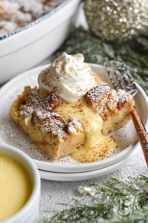 Eggnog Bread Pudding, Festive Dessert Recipes, Eggnog Bread, Raisin Sauce, Dance Around The Kitchen, Eggnog Dessert, Easy Eggnog, Pumpkin Bread Pudding, Scratch Cooking