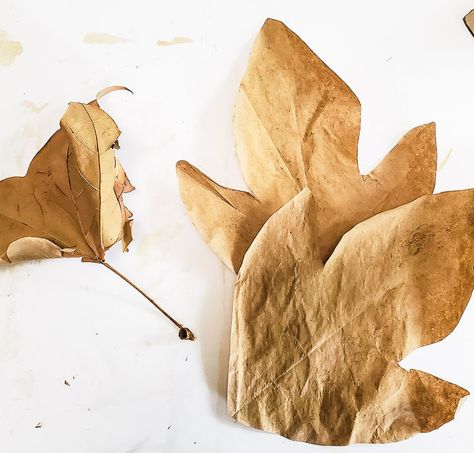 DIY Paper Bag Leaf Garland - DIY Beautify - Creating Beauty at Home Diy Paper Bag Leaves, Paper Bag Leaves Garland, Paper Bag Leaf Garland, Paper Bag Leaves, Brown Paper Bag Leaves, Brown Paper Table Runner Thanksgiving, Fall Paper Leaf Garland, Fall Leaves Wax Paper Craft, Diy Leaf Garland