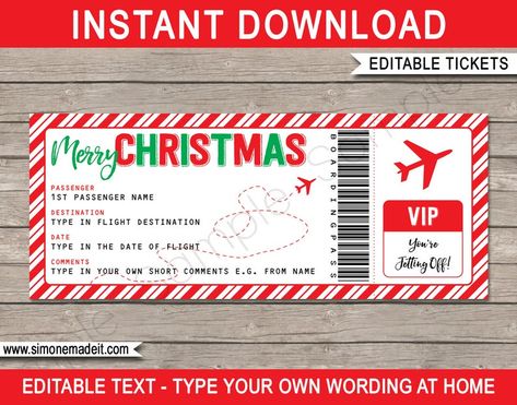 Boarding Pass Christmas Gift Ticket Surprise Trip Getaway | Etsy Template Tiket, Fake Plane Ticket, Ticket Template Free, Surprise Trip Reveal, Christmas Gift Certificate Template, Christmas Gift Certificate, Surprise Vacation, Boarding Pass Template, Merry Christmas Text