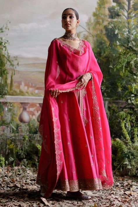 Anarkali Jacket, Pink Suits Women, Pink Anarkali Suits, Hot Pink Jacket, Eye Embroidery, Pink Anarkali, Traditional Attires, Hello Nails, Wedding Festivities