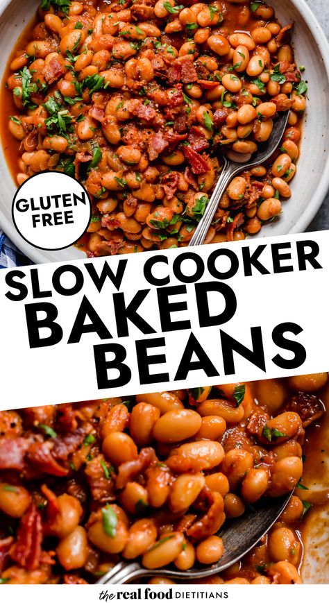 Turn to your slow cooker to make these full-flavor, sweet, and saucy Crockpot Baked Beans that couldn’t be easier! When you make baked beans in the crockpot, they’re easy to transport, plus you free up the stovetop and don’t even have to turn on your oven. Serve these easy Slow Cooker Baked Beans with Bacon at your next backyard BBQ and watch the sparks fly. They’re made with just a few simple real-food ingredients and an easy side dish recipe that you’ll make on repeat! Crockpot Baked Beans With Bacon, Crockpot Baked Beans, Baked Beans Crock Pot, Slow Cooker Baked Beans, Dietitian Recipes, Baked Beans With Bacon, Beans With Bacon, Beans In Crockpot, Real Food Dietitians