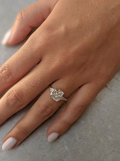 Three Stone Engagement Rings Cushion, Cushion Moissanite Engagement Ring, Marriage Inspiration, Moissanite Engagement Ring Cushion Cut, 3 Stone Diamond Ring, Diamond Engagement Rings Cushion, Cushion Diamond Ring, Pear Diamond Rings, Ring Cuts