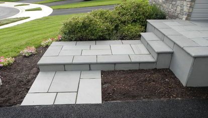 updating front entrance with flagstone, concrete masonry, curb appeal, landscape, stairs Front Door Stairs, Stairs Exterior, Door Stairs, Outdoor Air Conditioner, Concrete Walkway, Flagstone Patio, Front Steps, Concrete Steps, Front Entrances