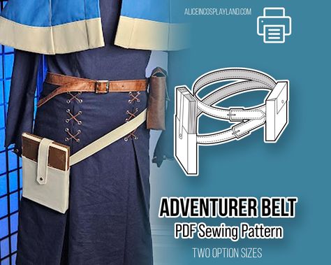 Makes an adventurer double belt with a choice of two pouches and two book holders. Free print at home spell book cover. This is an ideal base to make your own costume or cosplay accesories, perfect for those who have no time to make their own patterns but would like to create their own cosplays in an easy way. A great start to make a utility belt for reenactment, LARP and role play. Also a good idea to carry your belongings at a cosplay convention. Perfect to wear with your Marcille cosplay. Joi Larp Sewing Pattern, Marcille Cosplay, Cosplay Sewing, Make Your Own Costume, Cosplay Convention, Fair Outfits, Star Wars Fashion, Double Belt, Costume Sewing Patterns