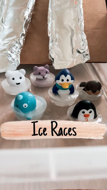 Brittany | Kids/Toddler/Baby Activities on Instagram: "Let’s race with ice! @montessorifromtheheart shared a reel about freezing little plastic penguins and I thought they would be so fun to race! We froze our animals overnight in muffin tins and created a racetrack with cardboard and tin foil for this fun activity. After my kids were done racing, they had fun smashing the ice and “rescuing” the animals. Let us know if you try it! #kidsactivities #kidsactivity #kidsplay #kidsplayideas # Toddler Winter Activities Classroom, Frozen Animals In Ice, Artic Animal Toddler Crafts, Rescue The Animals Activity, Ice Age Projects For Kids, Ice Age Activities For Preschoolers, Ice Cube Tray Activities For Kids, Winter Crafts For Classroom Party, Frozen Animals In Ice Activity