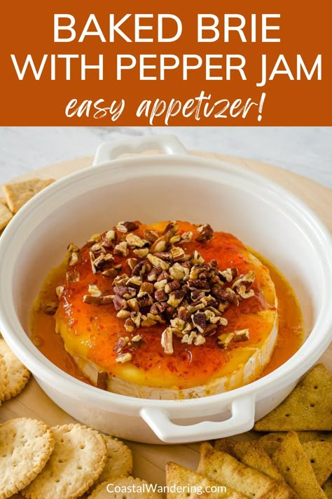 Looking for an easy and impressive appetizer? This quick & easy baked brie with pepper jelly recipe is super simple and incredibly delicious! You only need three ingredients and a few minutes to whip up this easy recipe. It's sure to be a crowd-pleaser with creamy melty cheese and a sweet and spicy pepper and crunchy nut topping. A perfect party appetizer with crackers, crostini or veggies! Brie With Hot Pepper Jelly, Pepper Jelly Brie Appetizer, Baked Brie Red Pepper Jelly, Brie And Pepper Jelly Appetizer, Baked Brie With Pepper Jelly, Brie Dip Recipes, Red Pepper Jelly Recipe Appetizers, Pepper Jelly Brie, Brie With Pepper Jelly