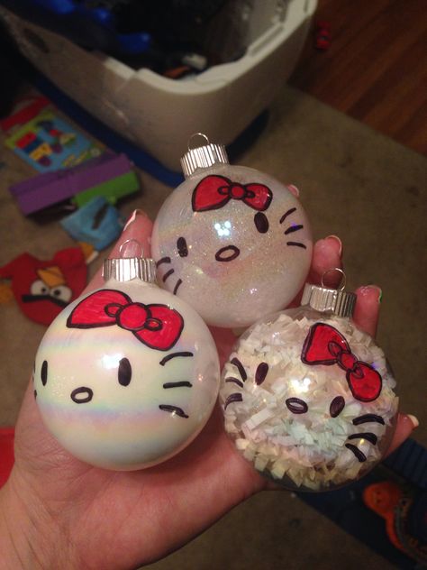 Hello kitty diy ornaments- contact me to order supply kit or completed product! LexiJosh at gmail Hello Kitty Diy, Hello Kitty Christmas Tree, Diy Hello Kitty, Hello Kitty Crafts, Charmmy Kitty, Kawaii Christmas, Hello Kitty Christmas, Hello Kitty Party, Navidad Diy