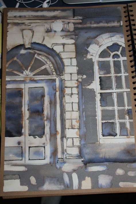 Ink & Bleach of Radley College Mansion Decay Art, Natural Form Art, Urban Painting, Landmarks Art, Bleach Art, Building Art, Gcse Art, Urban Environment, Urban Sketching