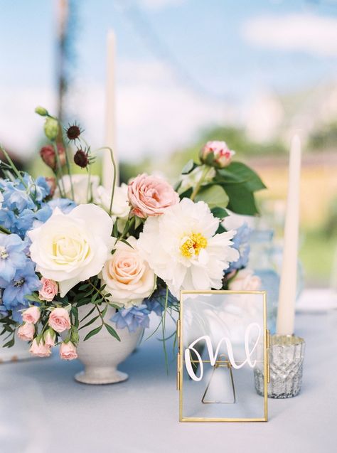 sweet summer time wedding table decor Blue And Blush Wedding, Blush Wedding Colors, Pink Wedding Colors, Wedding Color Combos, Wedding Reception Centerpieces, Wedding Of The Year, Spring Wedding Colors, Reception Centerpieces, Wedding Color Inspiration