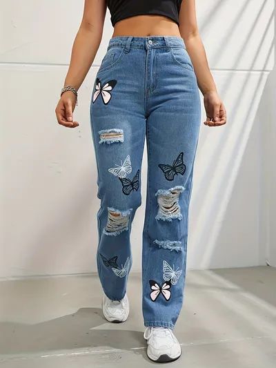 Denim Style Casual, Womens Ripped Jeans, Blue Ripped Jeans, Denim Pants Women, Denim Patterns, Streetwear Y2k, Women Denim Jeans, Type Of Pants, Colored Denim