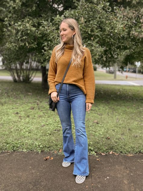 Check out these five outfits for fall made with Flare Jeans! Fall Flair Jeans Outfit, Kancan Flare Jeans Outfit, Plus Size Flare Jeans Outfits Winter, Flare Jeans With Vans, Flare Jeans Tennis Shoes Outfit, Flare Jeans And Clogs Outfit, Plus Size Flare Jeans Outfits Fall, Flare Jeans Teacher Outfit, Flare Jean Fall Outfit