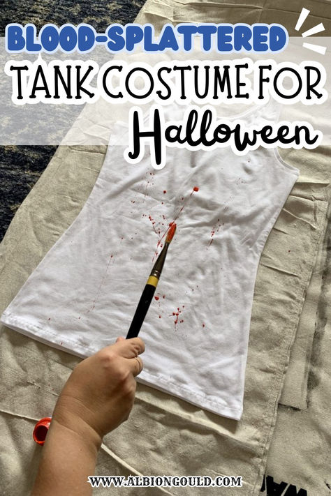 Get into the Halloween spirit with this simple DIY blood-splattered tank costume! This tutorial shows you how to create a spooky and eye-catching Halloween look with minimal effort. Whether you're heading to a Halloween party or looking for a last-minute costume idea, this blood-splattered tank is quick and easy! Tank Costume, Tshirt Halloween Costumes, Handmade Halloween Costumes, Blood Shirt, Last Minute Costume, Ripped Shirts, Blood Splatter, Stain On Clothes, Costume For Halloween