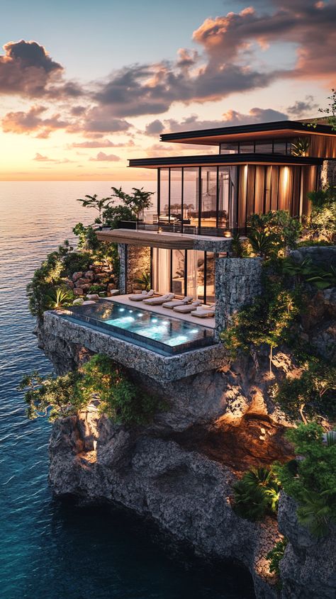 A stunning ocean-view villa atop a cliff House With A View, Villas Luxury, Resort Dress, Island House, Resort Dresses, Island Living, Island Home, Coastal Living, Ocean View