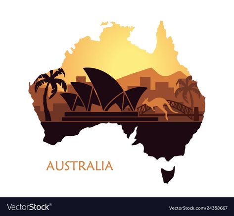 Sunset Vector Illustration, Sunset Vector, Map Of Australia, Australia Landscape, Australia Map, Australia Day, Illustrated Map, Map Vector, Australia Travel