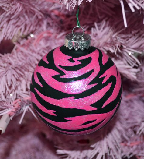 hot pink zebra glitter ornament!!  homemade 2010s Christmas, Mcbling Christmas, Zebra Ornament, Ornament Homemade, 2000s Christmas, Vinyl Christmas Ornaments, Hot Pink Christmas, Mc Bling, Y2k Christmas