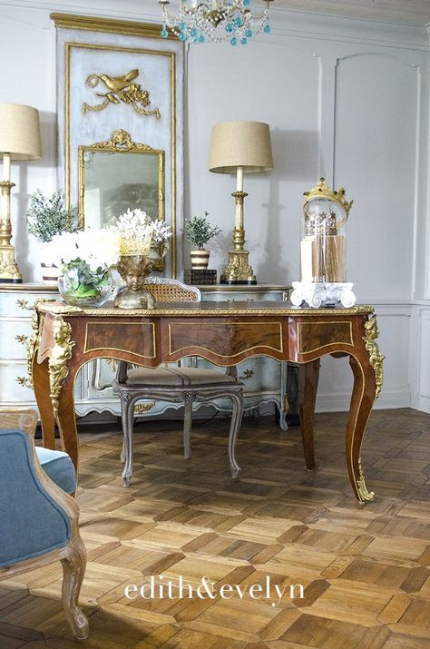 French Plat Desk in the Study | Edith & Evelyn French Style Desk, French Desk, Modern French Country, Trumeau Mirror, French Country Bedrooms, French Style Furniture, French Chairs, French Country Cottage, Romantic Homes