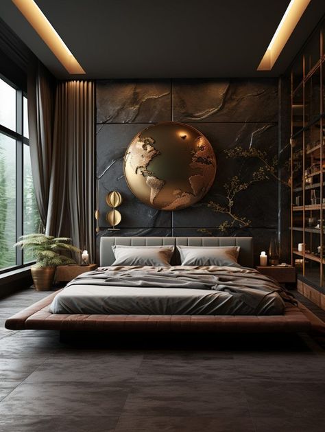 Black Luxury Bedroom Dark, Black Theme Bedroom, Dark Theme Bedroom, Zen Dark Bedroom, Modern Men’s Bedroom, Master Black Bedroom, Dark Men’s Bedroom, Antique Home Decor Ideas, Black Kitchen Decor