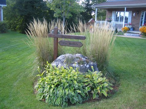 Need to do something like this at end of driveway around the rocks. Large Yard Landscaping, Driveway Entrance Landscaping, Driveway Landscaping, Landscaping Inspiration, Front Landscaping, Landscaping Tips, Garden Yard Ideas, Garden Photos, House Landscape