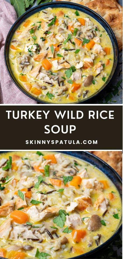 Turkey Wild Rice Soup – Skinny Spatula Turkey Wild Rice Soup Recipes, Wild Rice Soup Healthy, Wild Rice Soup Crockpot, Turkey Soup Crockpot, Rice Soup Crockpot, Turkey And Wild Rice Soup, Easy Turkey Soup, Turkey And Wild Rice, Turkey Wild Rice Soup