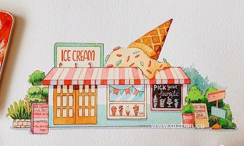 Food Stand Drawing, Ice Cream Shop Drawing, Ice Cream Shop Illustration, Cute Marker Drawings, Ice Cream Drawing, Shop Drawing, Whimsical Art Journal, Nostalgia Art, Scratchboard Art