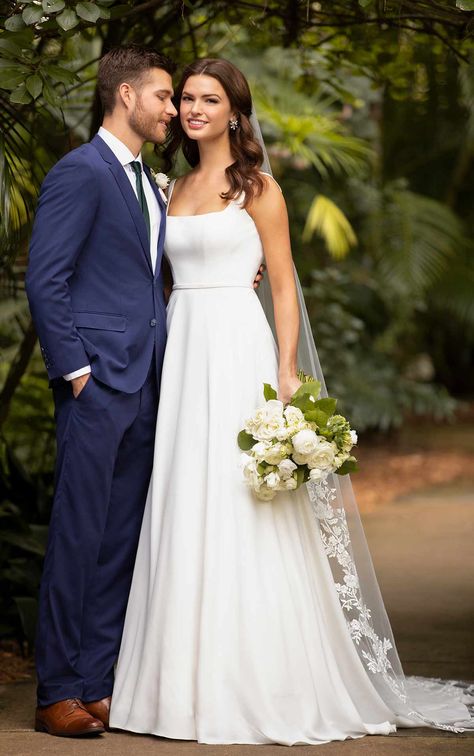 Minimalist A-Line Wedding Dress with Square Neckline | Essense of Australia Square Neckline Wedding Dress, Square Neck Wedding Dress, Neckline Wedding Dress, Wedding Dresses Australia, Crepe Wedding Dress, Essense Of Australia, Australia Wedding, Wedding Dress Pictures, A Line Wedding Dress